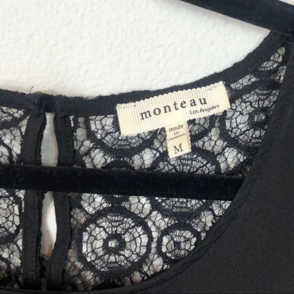 Monteau Black Cropped Tank Top Lace Back Fringe Hem Sleeveless Scoop Neck Size M - Picture 8 of 9